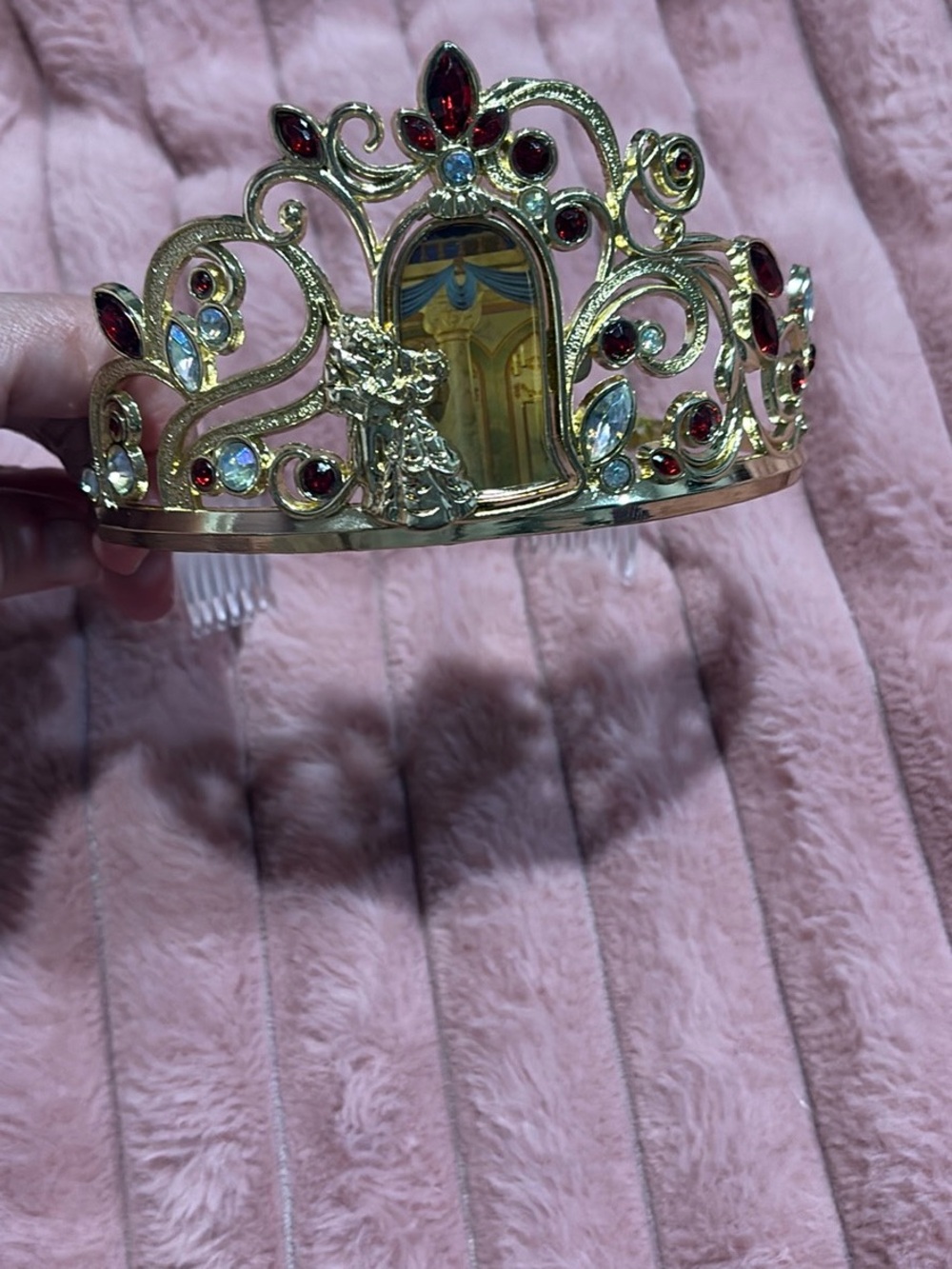 Disney Parks Gold Princess Belle Tiara with Red and Clear Gem Accents